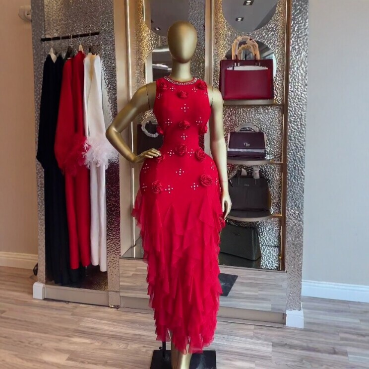 2026 Spring and Summer New European and American Style Red Three-Dimensional Floral Mesh Long Dress Celebrity Evening Gown Dress 2026 Spring and Summer New European and American Style Red Three-Dimensional Floral Mesh Long Dress Celebrity Evening Gown Dress