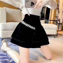实拍韩版丝绒蛋糕裙公主风冬季精致高腰蓬蓬迷你黑色短裙半身裙女