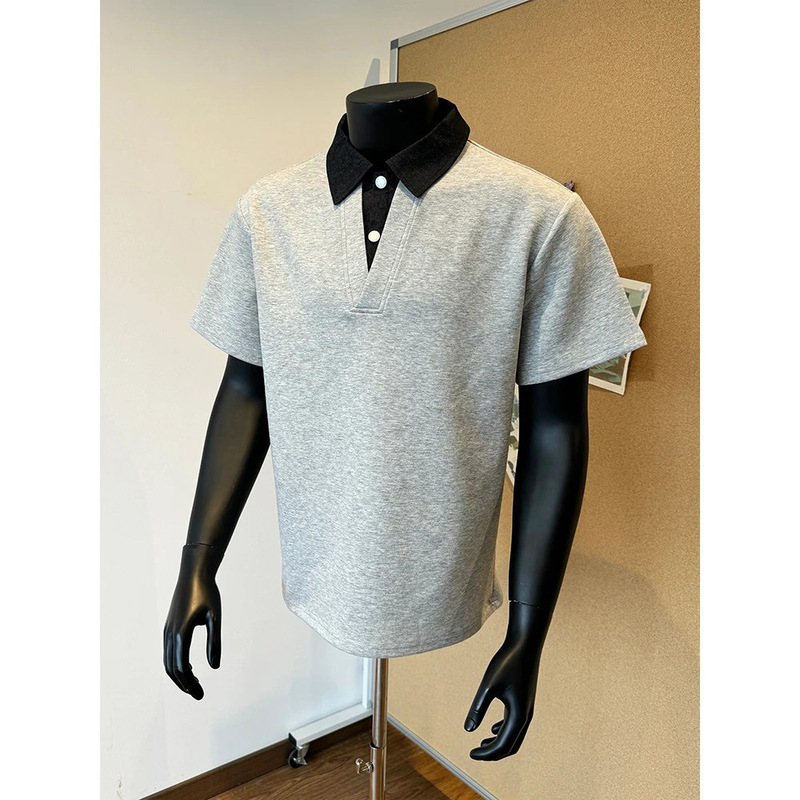 オールドマネースタイルスプライシング右肩半袖ポロシャツメンズハイエンドハンサムラペルTシャツアメリカンレトロヘビーウェイト半袖|undefined