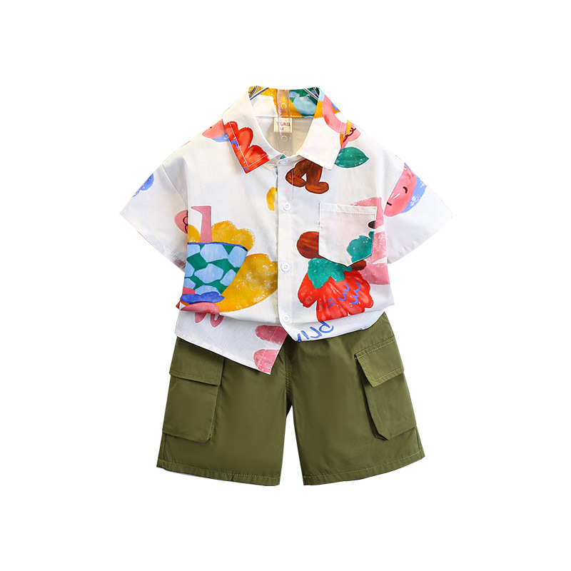 7152 Traje de verano para niños 2025 Nueva camisa coreana para niños de estilo occidental Pantalones cortos de manga corta de verano Traje de dos piezas