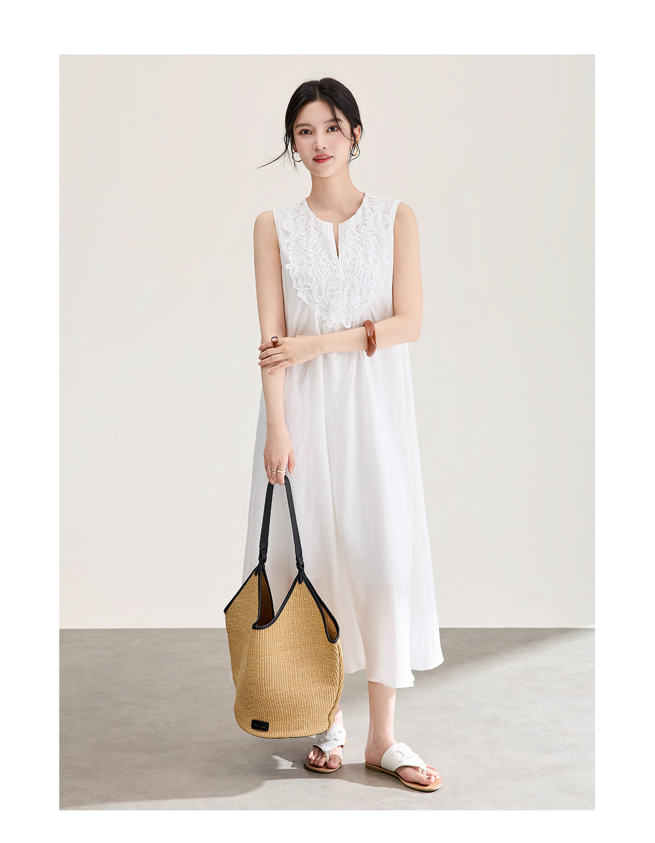 Đầm maxi nữ dáng suông không tay chất liệu tencel phối ren jacquard thêu họa tiết — màu trắng chi tiết 12