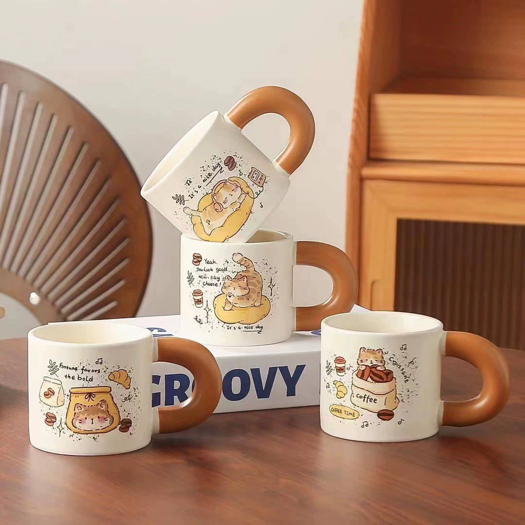 Классическая керамическая кружка с мультяшным рисунком кофе мяу, практичная, с большой ручкой, чашка с открытым хватом, групповая подарочная кружка, оптовая