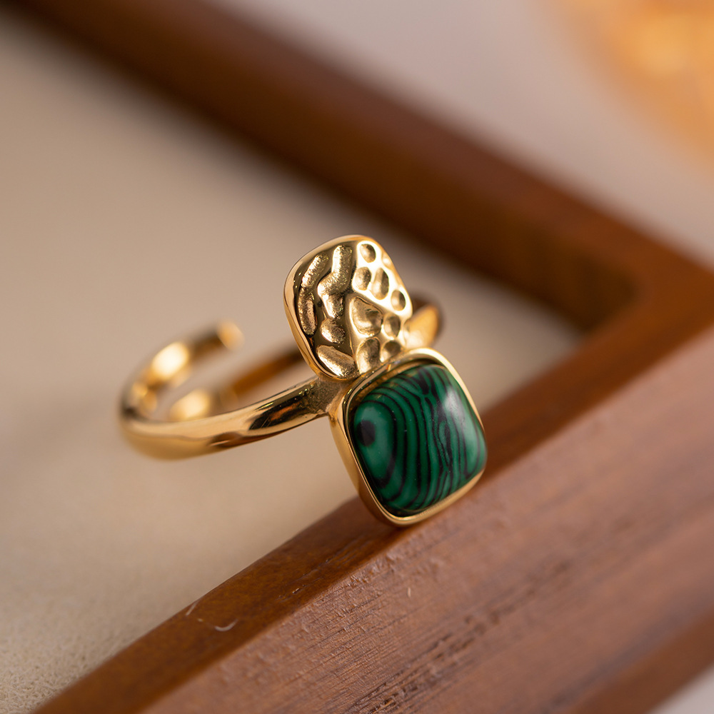 Retro Square Stainless Steel Inlay Turquoise Open Ring 1 Piece