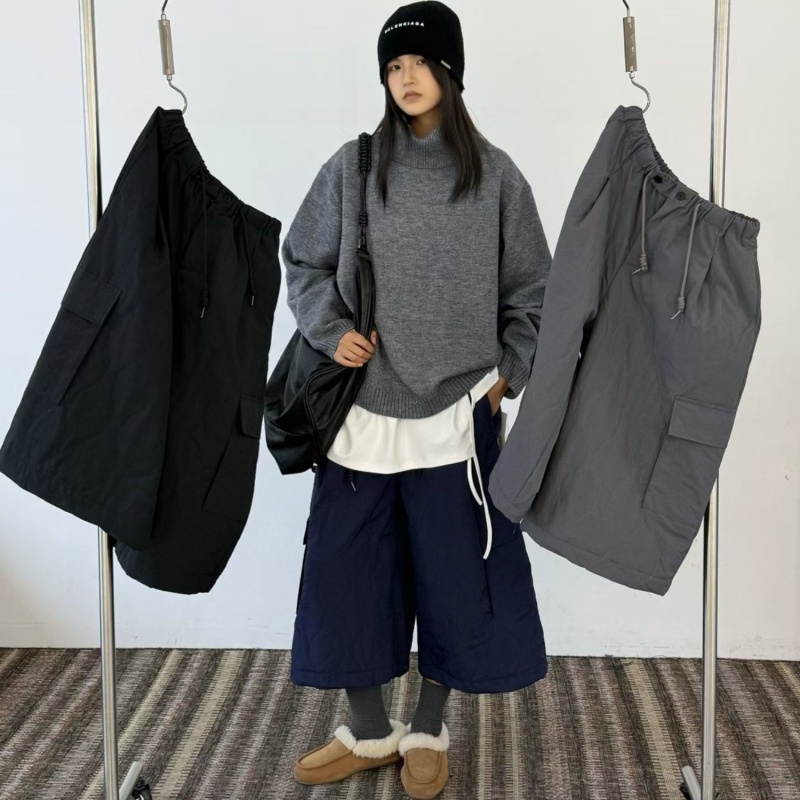 Becabeau Women's 961762 Winter Korean Style Loose Plus-Size Lazy Casual Wide-Leg Workwear Cotton Cropped Pants