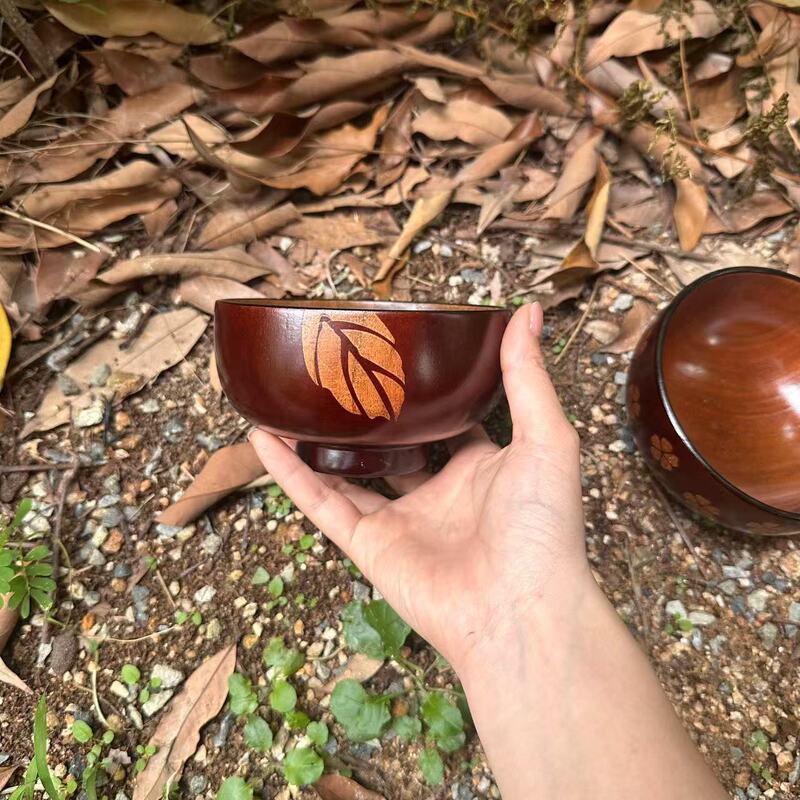Japanese Style Jujube Wooden Bowl Children's Bowl Adult Rice Bowl Solid Wood Bowl Large Soup Bowl Household Tableware suit Cherry Blossom Maple Leaf Round