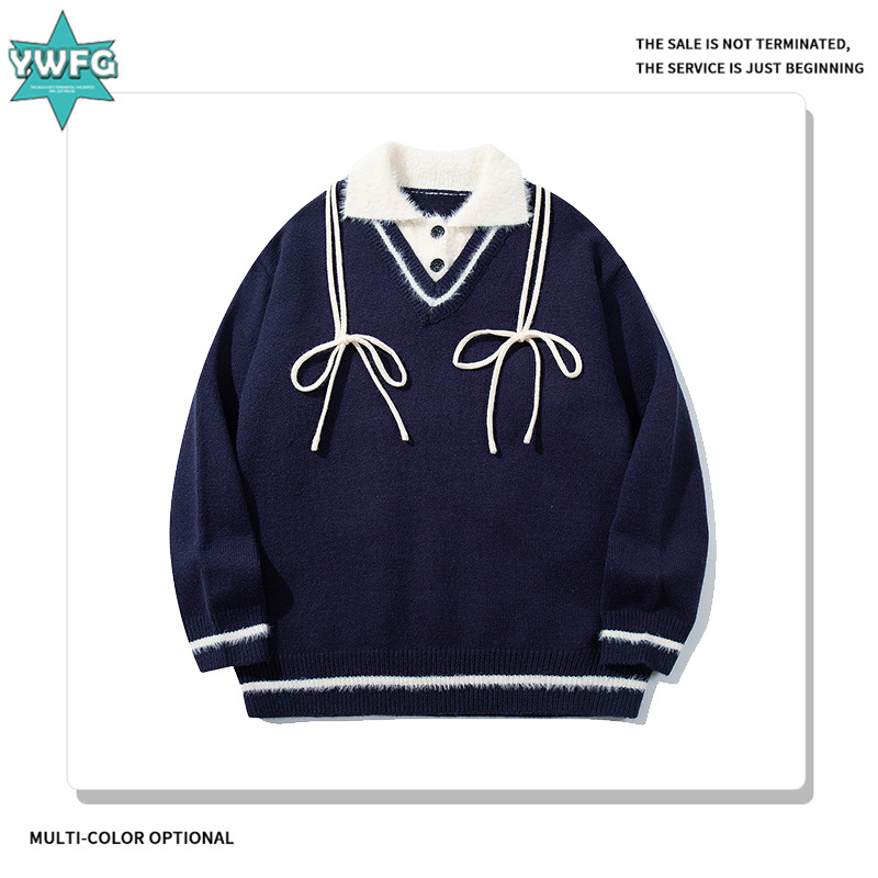 YWFG ropa de mujer retro falso de dos piezas suéter de solapa de otoño y invierno nuevo suelto estilo universitario abrigo de punto casual