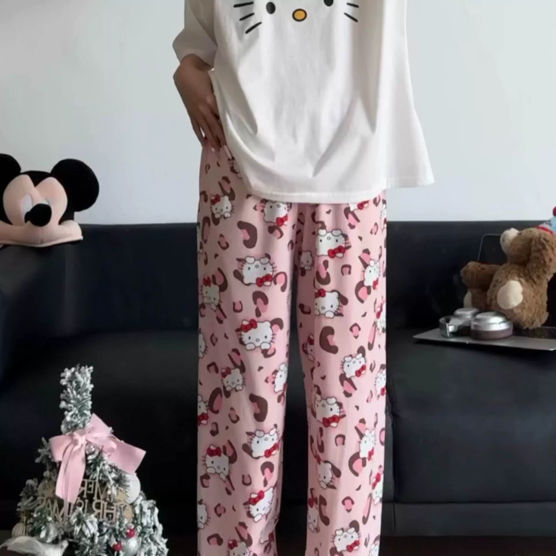 Hello Kitty, мультяшные осенние штаны, оверсайз, высокая талия, свободный прямой крой