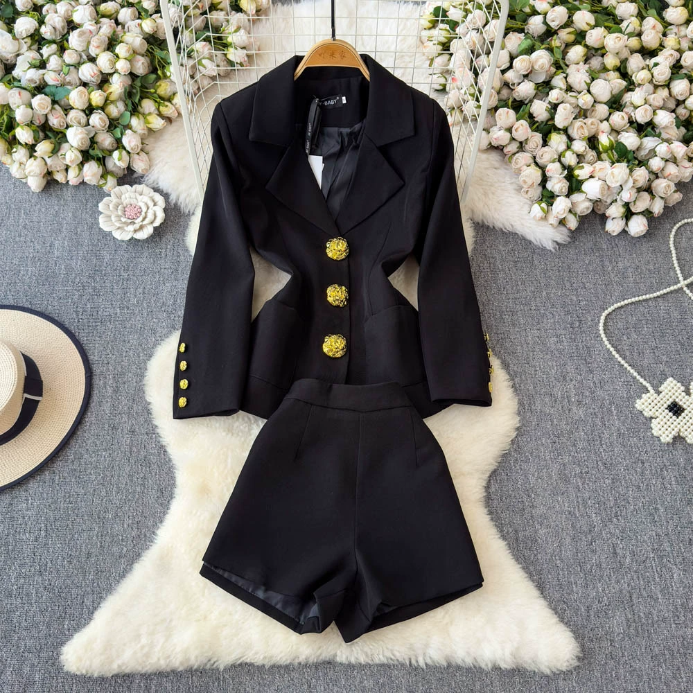 Премиум-версия нового королевского костюма с воротником куртка с металлической пряжкой тонкий короткий топ с высокой талией шорты из двух частей