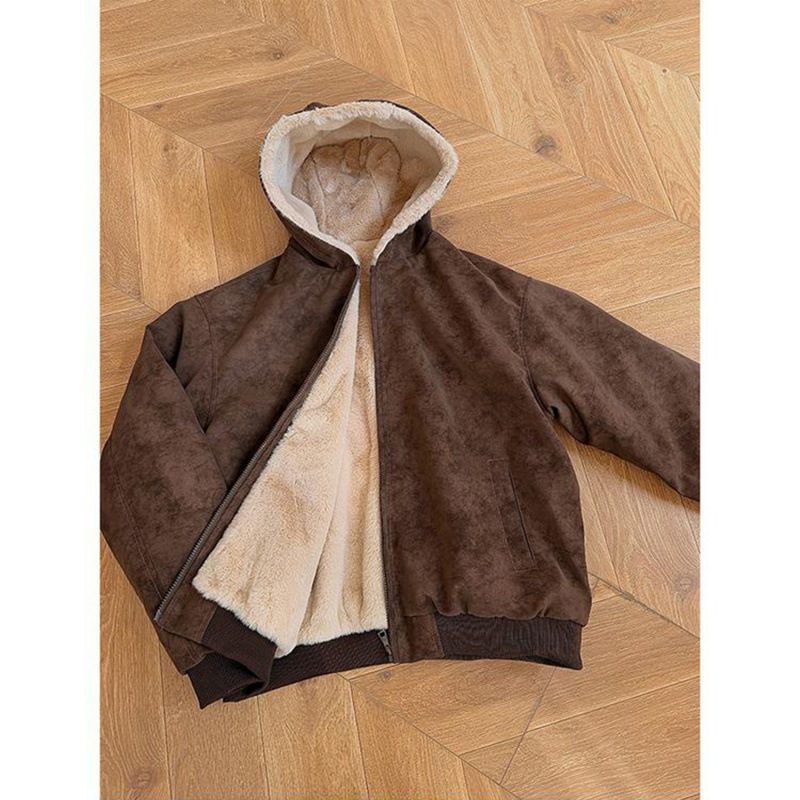 工厂批发情侣连帽皮加绒皮棉衣座山复古加绒连帽棉服外套上衣外贸