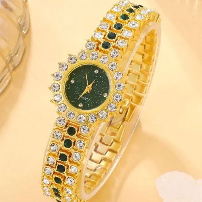 Nov 5-delni komplet nišnih lahkih luksuznih večnamenskih majhnih jeklenih pasov, majhnih zelenih ur, uhanov, ogrlice, zapestnic in prstanov_voghion.com