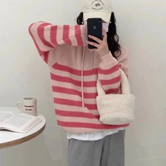 韩版拼色条纹连帽毛衣春秋季新款时尚显瘦针织衫长袖上衣女学院风