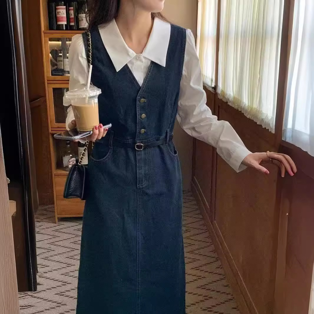 Elegant long denim autumn demi-season overall