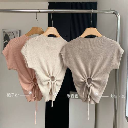 Summer Short-sleeved T-shirt Top Drawstring Waist Loose Slimming Knitted Shirt Short Style Slim-fit Thin Base Shirt for Women