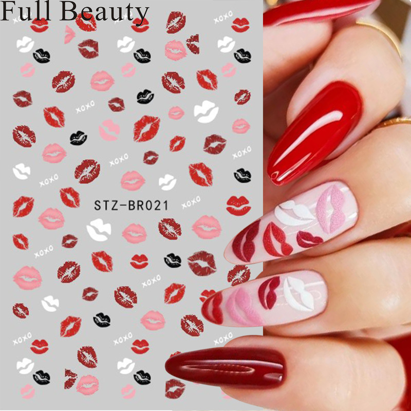 FULL BEAUTY Cross-border New Nail Art Stickers Hot Valentine's Day Red Lips Black and White Lips Printing Adhesive Stickers