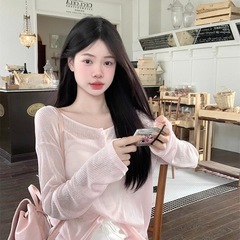【オリジナル雪花天糸】ピンクの背中の透かし彫りストラップ長袖日焼け止めtシャツのゆったりとした薄い上着