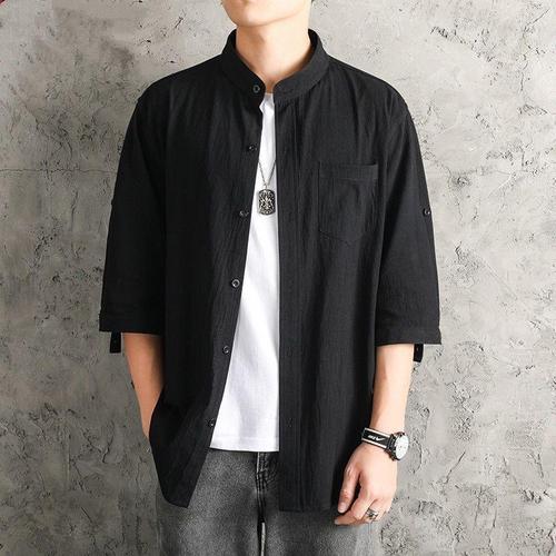 Linen Shirt for Men, Plain Color Men's Shirt, Loose Men's Clothing, Chinese Style Summer Cotton Linen Men's Casual Jacket, Seven-Sleeve Clothing