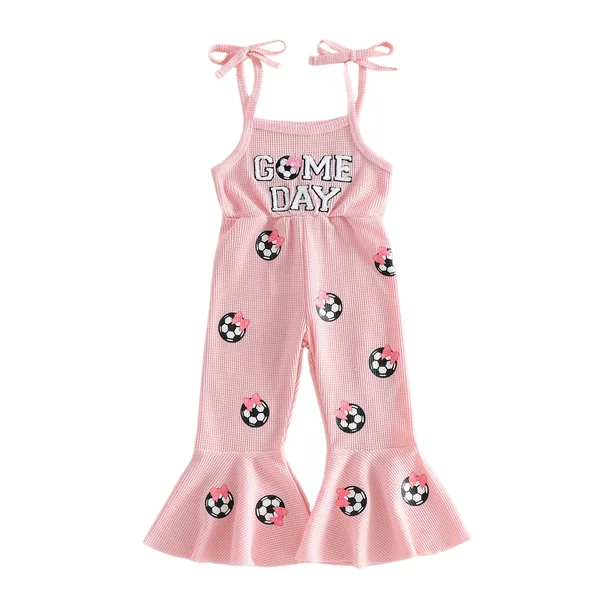 European and American Summer New Cute Baby Girl Towel Embroidery Letter Embroidery Football Suspenders Tie-Up Flared Jumpsuit