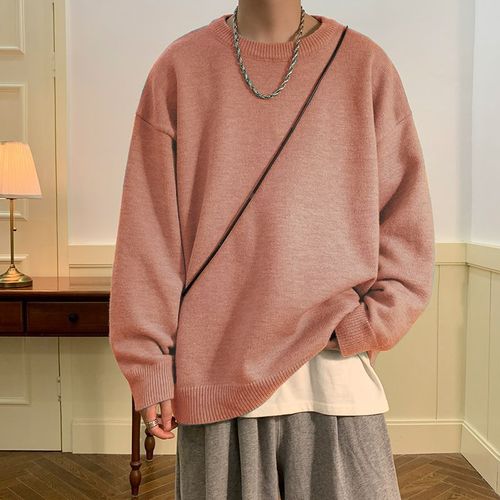 Pure Color Round Neck Sweater for Men Trendy Loose Casual Windbreaker Couple Unisex Autumn and Winter Thick Inner Knitwear