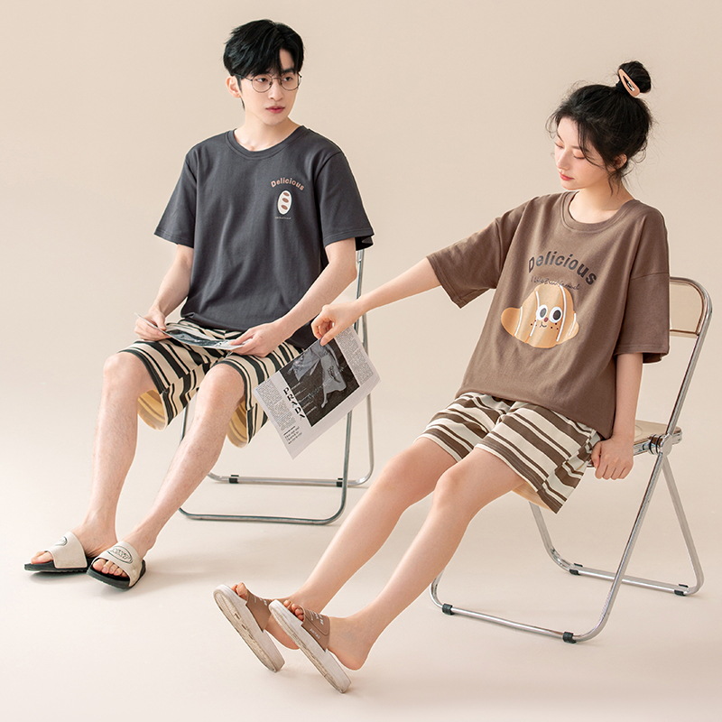 [Antibacteriano] Pijamas de pareja de verano de algodón puro para hombres y mujeres de manga corta de dibujos animados lindo casual se puede usar fuera del traje de servicio a domicilio