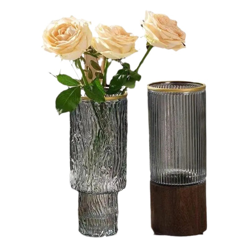 Florero de vidrio con soporte de madera de lujo ligero, decoración de flores hidropónicas, sala de estar de bambú rico, decoración de arreglos florales al por mayor