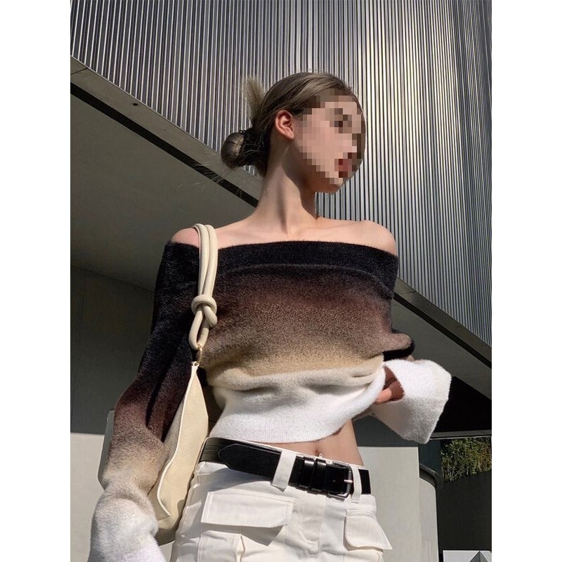 Gradient Color One-Shoulder Sweater with a High-End Feel for Women, Spring 2026 New Style, Loose Fit, Slimming, Lazy and Sexy Long-Sleeve Top
