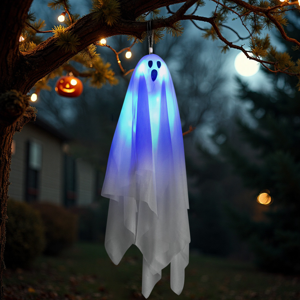 Decoración de jardín de terror de Halloween, toque, sonido luminoso, colgante de fantasma eléctrico, accesorios de diseño de fantasma colgante pequeño blanco