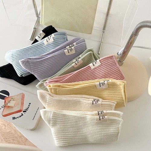 Cotton double needle women's socks Japanese heel cream cloth stack socks vertical strips macaron mid-tube socks