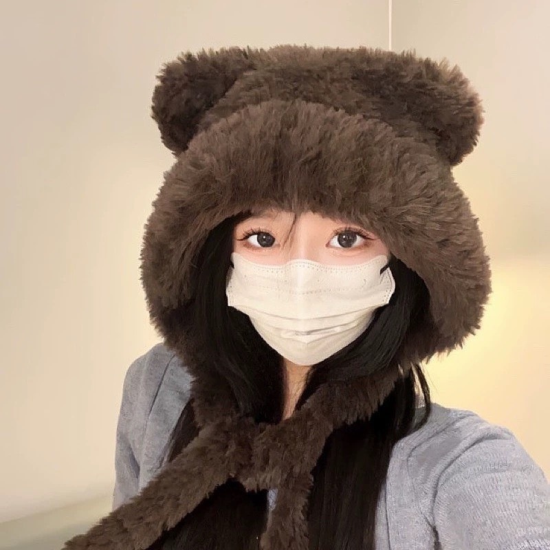 冬季小熊2025新毛绒护耳针织帽女韩版百搭显脸小毛线帽子2025新款|undefined
