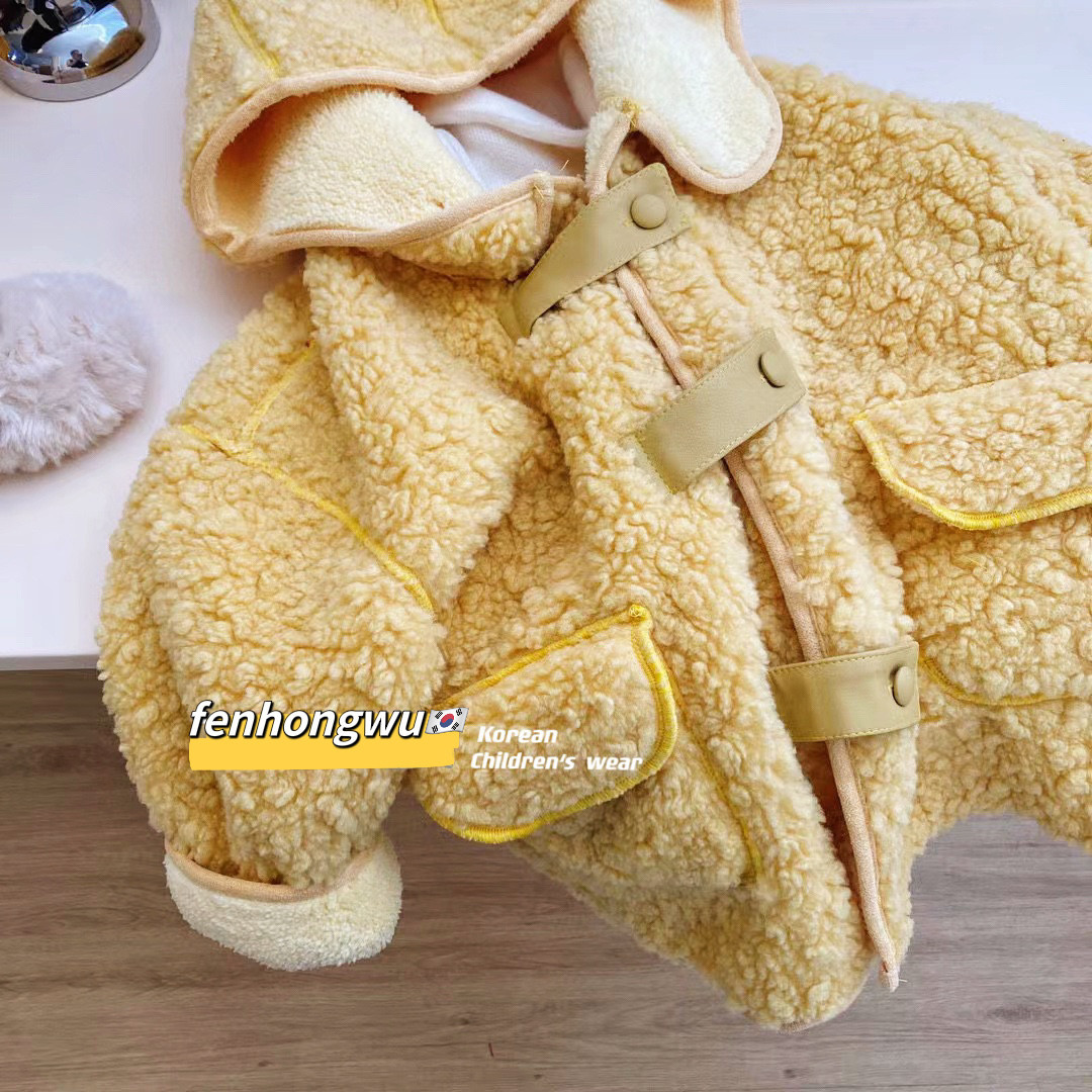 Chaqueta con Capucha para Niñas, Otoño-Invierno 2025, Nuevo Estilo, Ropa Infantil, Lana de Cordero, Gruesa y Moderna para Bebés