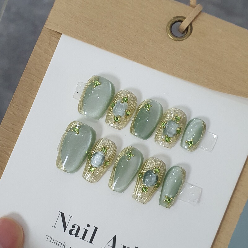 [Sunshine Rose] Hand-worn Armor Summer Fresh Green Cat's Eye Bucelati False Nail Art