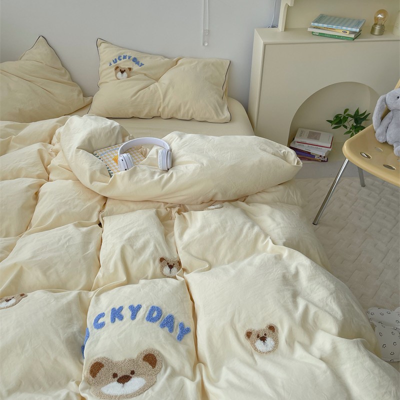 Milk-puff Bear ins Pure Full Cute Embroidered Washed Cotton Four-piece Set Student Dormitory Bed Sheet Quilt Cover Bedding