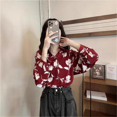 复古印花长袖港味红色衬衫女早春2025新款宽松防晒衫桔梗碎花上衣