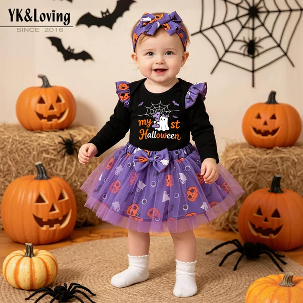 Cross-Border Children's Clothing Wholesale Halloween Baby Girl Outfit Long-Sleeve Romper with Ghost and Pumpkin Print, Skirt, and Socks Set