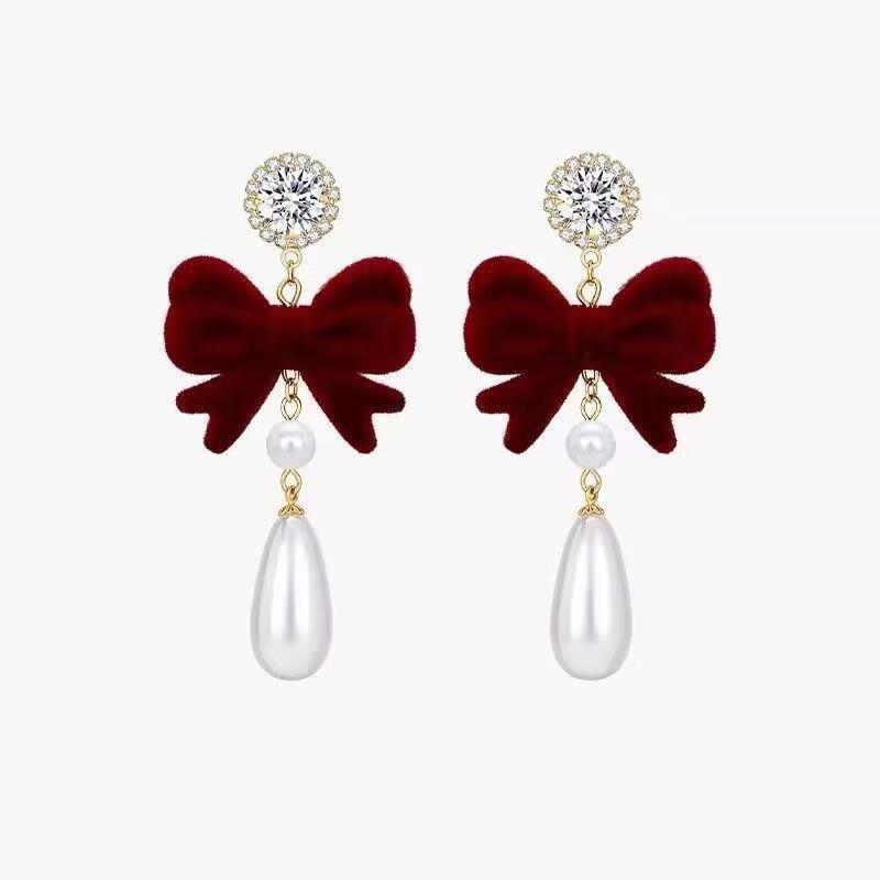 Retro elegant burgundy earrings with bow