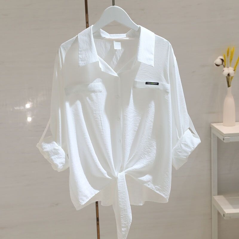 French-Style Design Niche Lace-Up Top for Women, Long-Sleeved, 2026 Spring/Summer New White Striped Loose Slimming Shirt