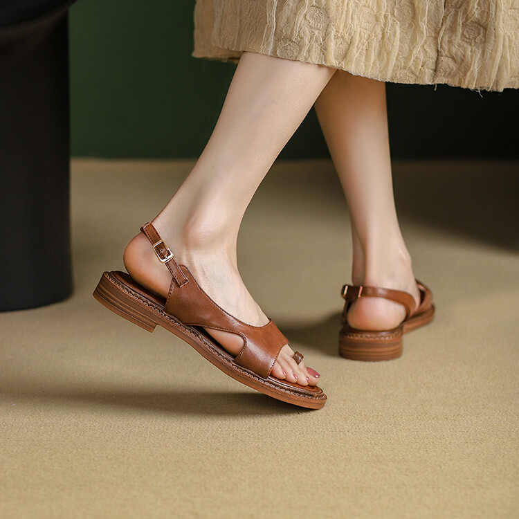 Sandal nữ xỏ ngón đế bệt da thật phong cách La Mã hở mũi quai hậu — Màu nâu, Màu đen, Màu trắng be chi tiết 1