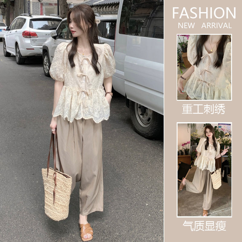 Nursing Wear 2023 Tweed Style Lace Embroidered Puff Sleeve Shirt + High Waist Slimming Look Wide Leg Pants French Two-Piece Set