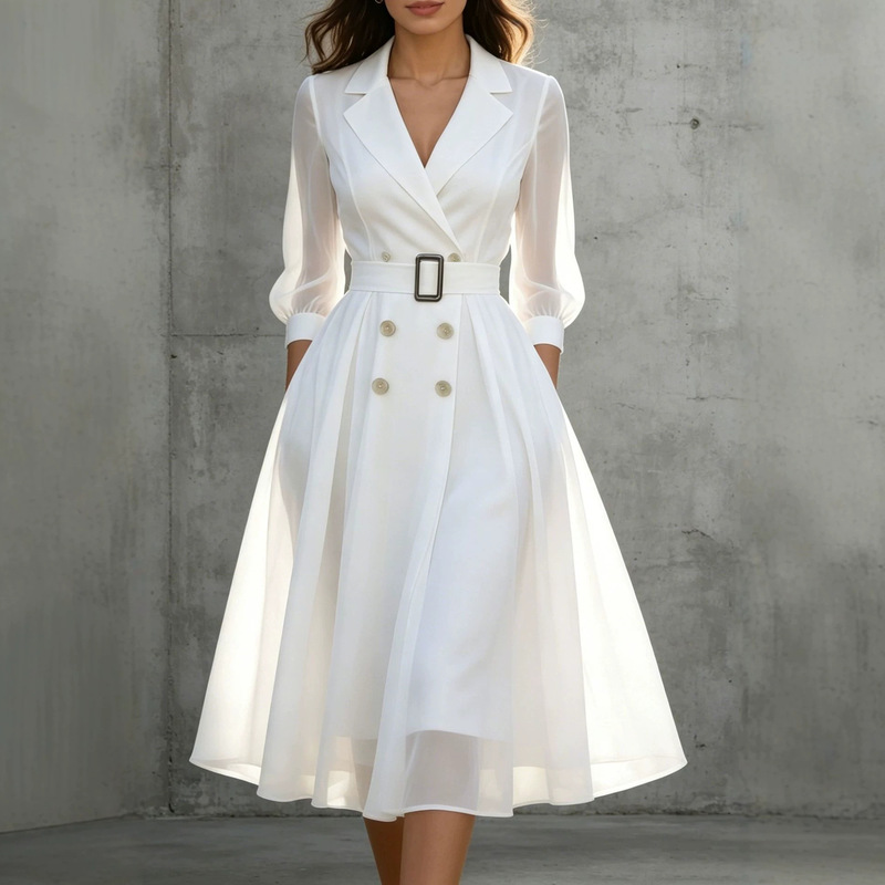 European and American Style V-Neck Waist-Cinching Slim-Fit Long-Sleeve Dress for Women, Elegant Trench Coat Style with Lapel, Mid-Length Solid Color Dress European and American Style V-Neck Waist-Cinching Slim-Fit Long-Sleeve Dress for Women, Elegant Trench Coat Style with Lapel, Mid-Length Solid Color Dress