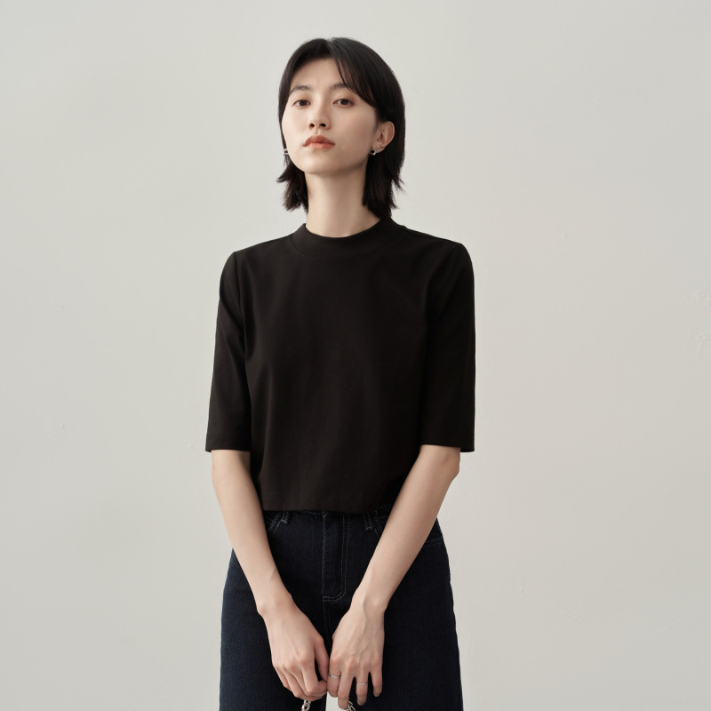 露脐短款半高领t恤女夏五分中袖正肩外穿宽松高腰中领上衣打底衫|undefined