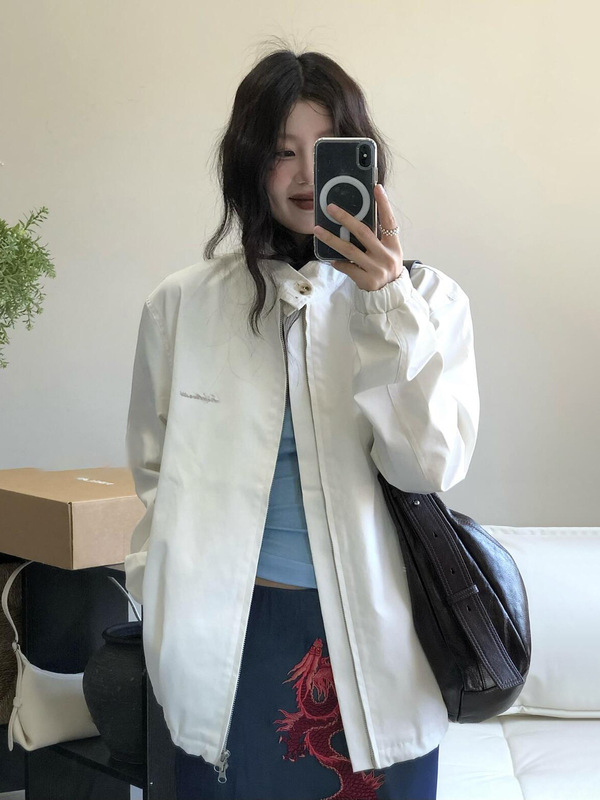 漂亮早秋外套女秋季宽松设计感休闲简约立领刺绣运动夹克上衣|undefined