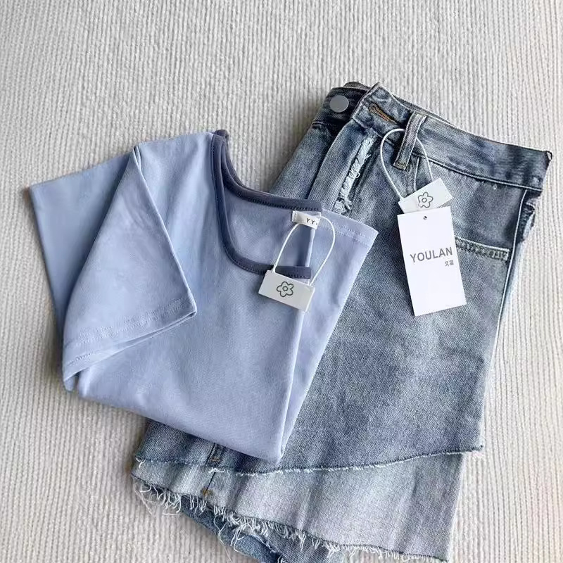 Square Neck Right Shoulder T-Shirt Women's Short-Sleeved Design Summer New Slim Fit Versatile Short Navel-Baring Ins Top Trendy