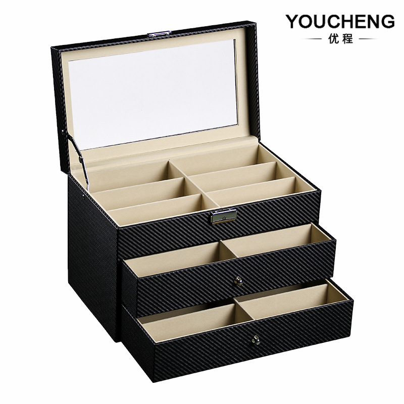 现货批发碳纤维三层18位眼镜收纳盒皮革18格墨镜太阳镜展示收纳盒