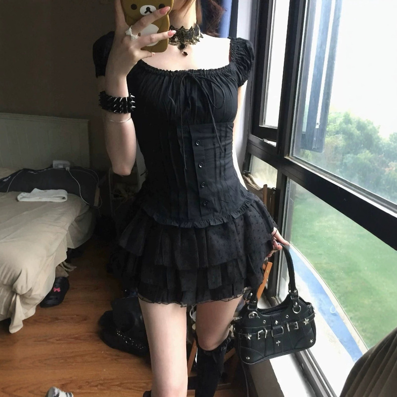French-Style Sweet Puff Sleeve Bow Tie Square Neck Shirt for Women, Summer 2026 New Off-Shoulder Slim Fit Top