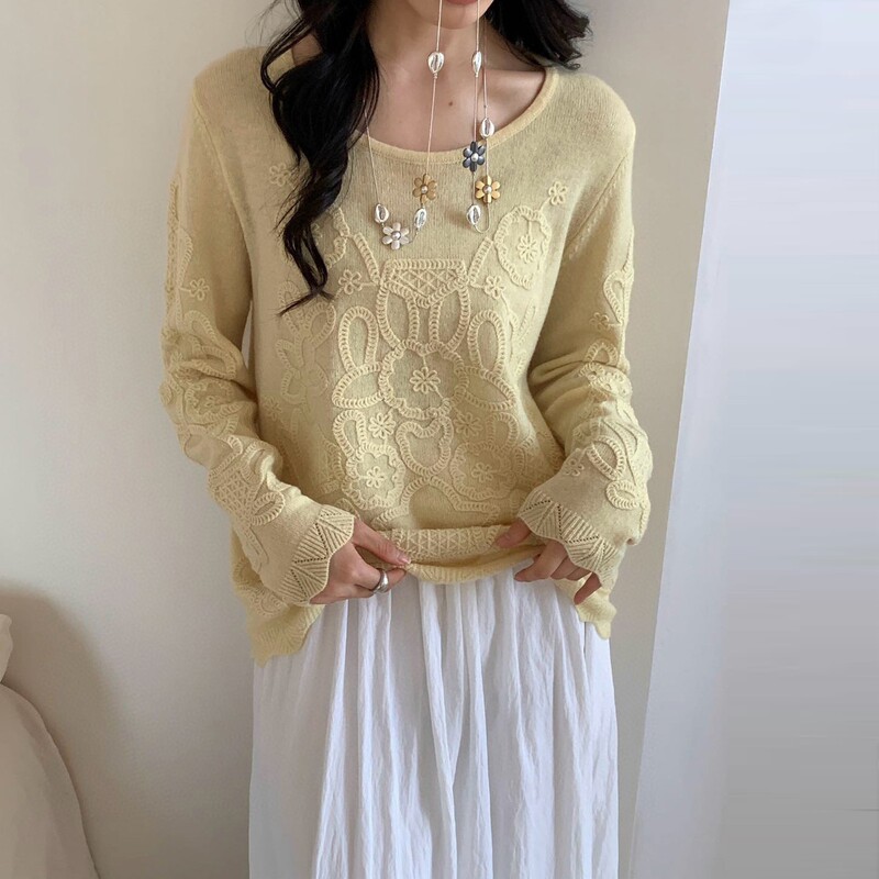 Old Money Style 100% Pure Cashmere Knitwear for Women, Korean Style Knitted Knitwear, Embroidered Top, Design Pullover Long Sleeves