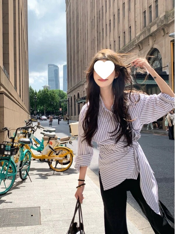 设计感不规则绑带开叉条纹衬衫女春季新款时尚气质高级感长袖衬衣|undefined