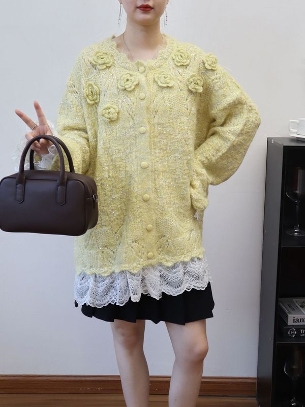 立体花朵拼接网纱设计感针织开衫2025秋冬新款宽松甜美毛衣外套女|undefined