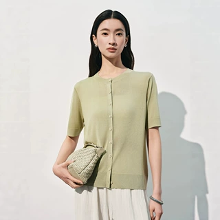 桑蚕丝极简修身圆领T恤真丝短袖针织开衫春夏新品五分袖开衫上衣