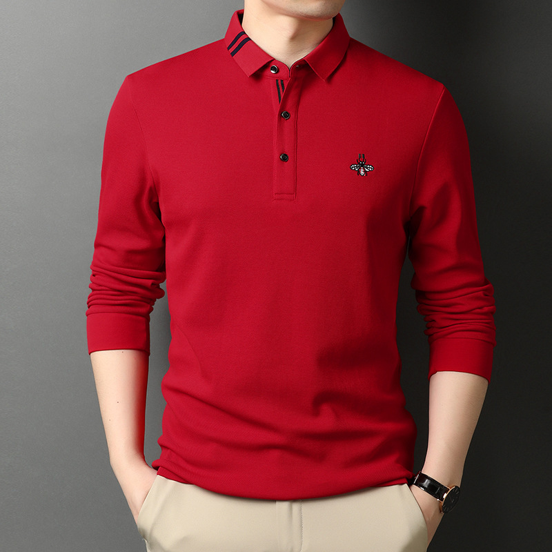 Men's Pure Cotton Long-Sleeved T-Shirt Middle-Aged Lapel Spring & Fall Casual Men's Loose Bottoming Shirt Red Animal Year T-Shirt