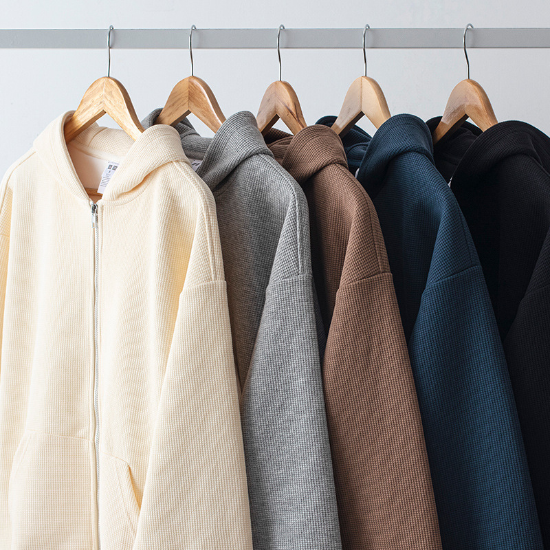 Waffles Heavy Zipper Sweater Men's Japanese Style Retro Loose Solid Color Cardigan Hoodie Trendy Brand Men's Coat Autumn
