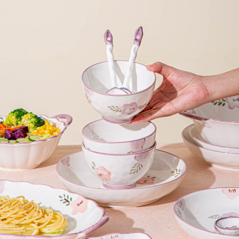 碗の高い顔の値の紫萱の花の釉薬の下で色彩の陶磁器の食器の碗の皿の組み合わせの家庭用の卸売りの贈り物のスープの碗の双耳|undefined